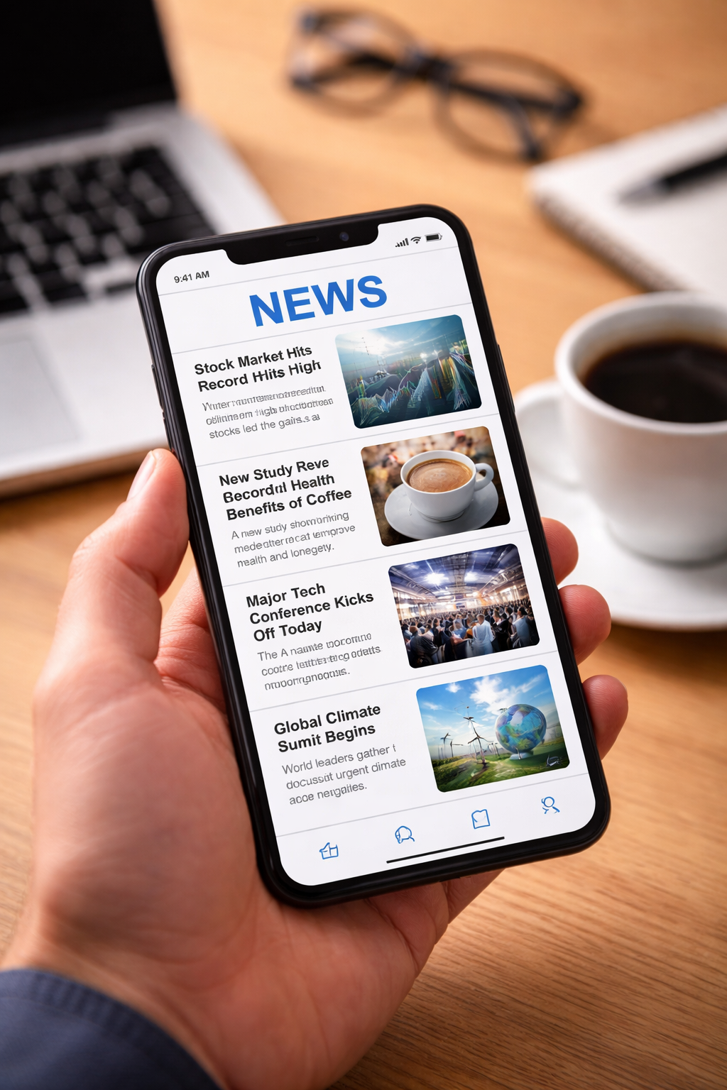 A mobile phone displaying news notifications.